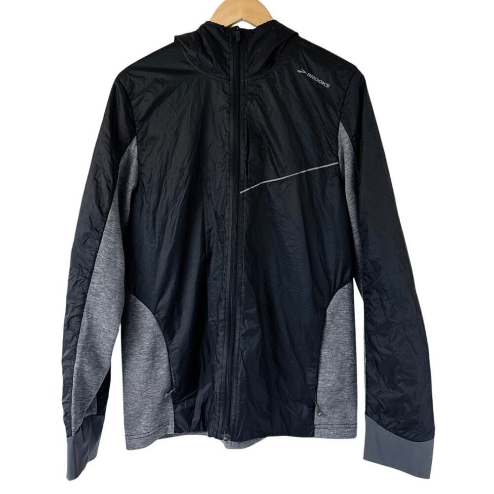Brooks Reflective Running Hooded Jacket Mens M Black/Gray Windbreaker